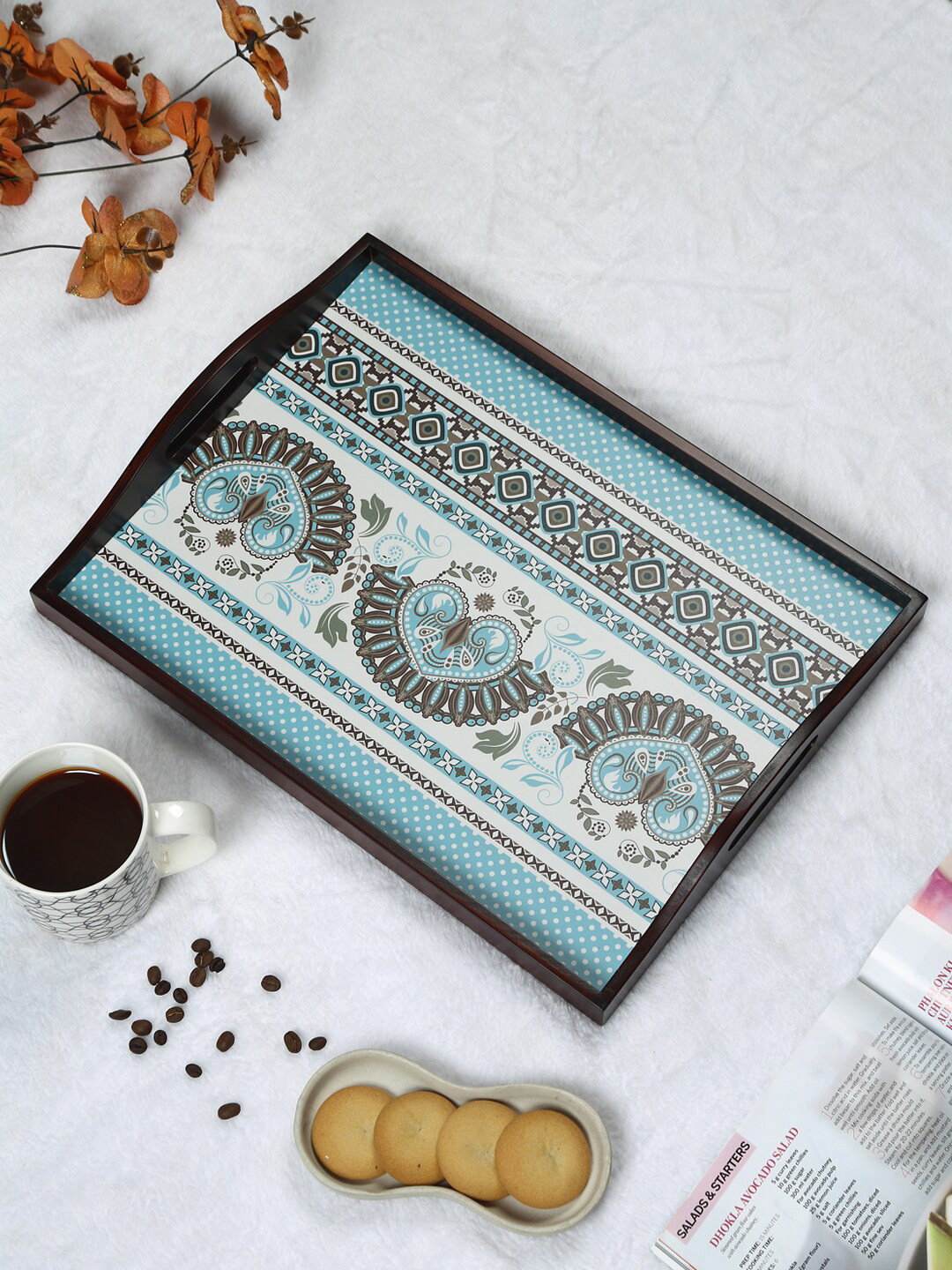 Reinvention Factory Blue & Brown  Ethnic Ornament Digital Printed Teak Wood Serving Tray
