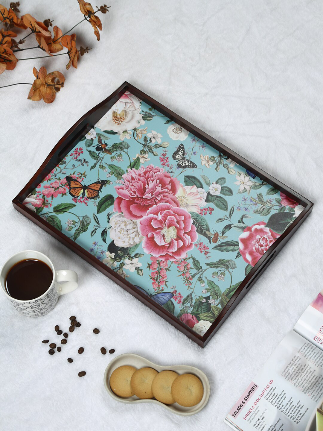 Reinvention Factory Brown & Pink Fairy Garden Printed Teak Wood Serving Trays