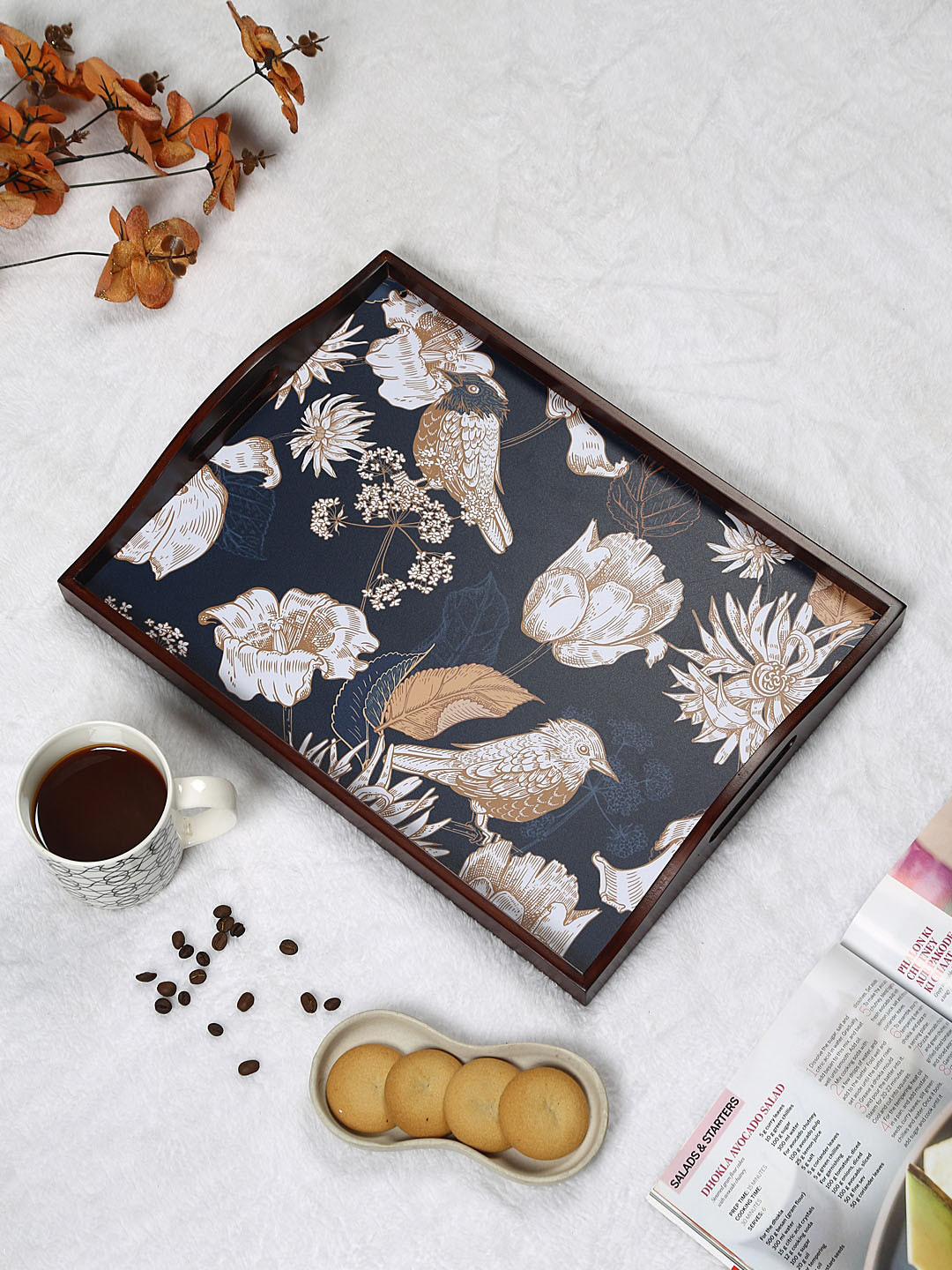 Reinvention Factory Brown Tutsi Bird Digital Printed Teak Wood Serving Trays
