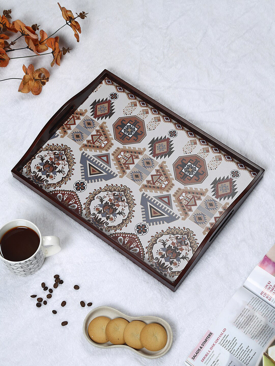 Reinvention Factory Brown Folk Ornament Printed Teak Wood Serving Tray