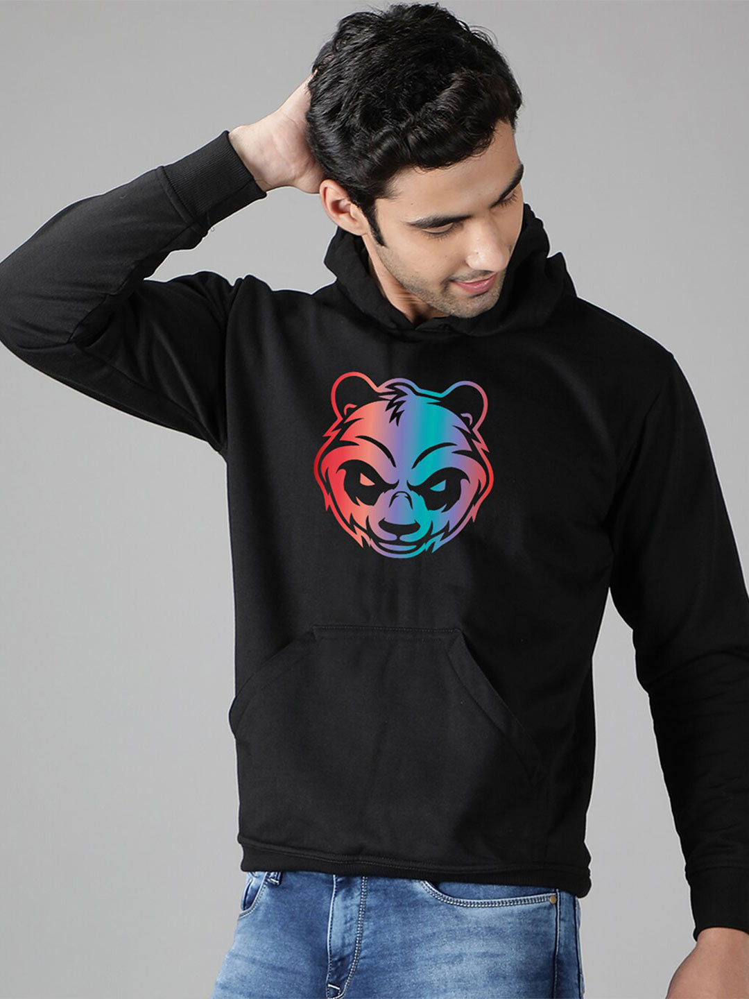 Mad Over Print Men Black Printed Hooded Sweatshirt