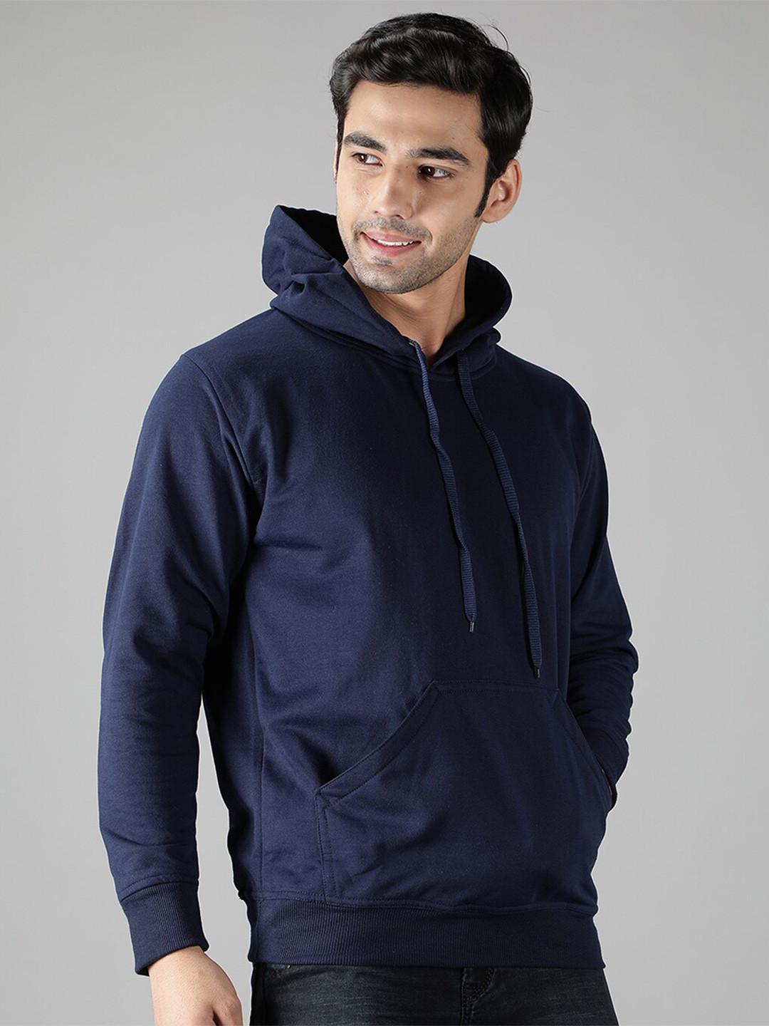 Mad Over Print Men Blue Solid Hooded Sweatshirt
