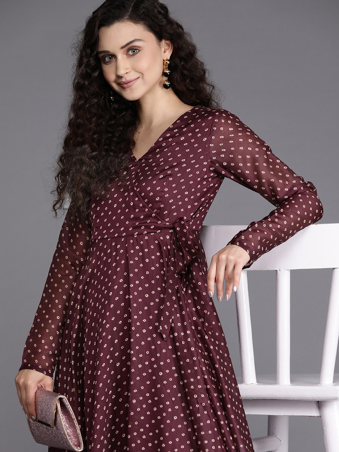 Inddus Burgundy & Beige Bandhani Printed Chanderi Cotton Wrap Midi Dress