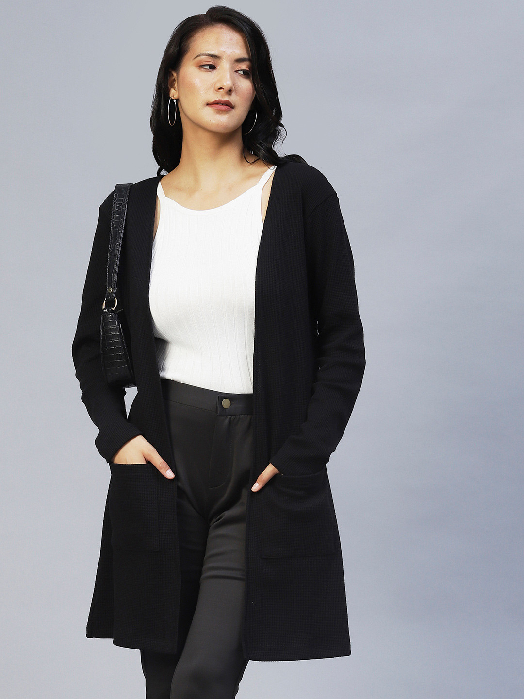 Rigo Cotton Open Front Waffle Knit Longline Shrug