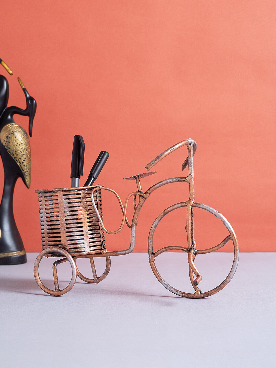 Golden Peacock Cycle Design Penstand Copper Metal Metallic Living Room Medium Showpiece - 6.5 Inches