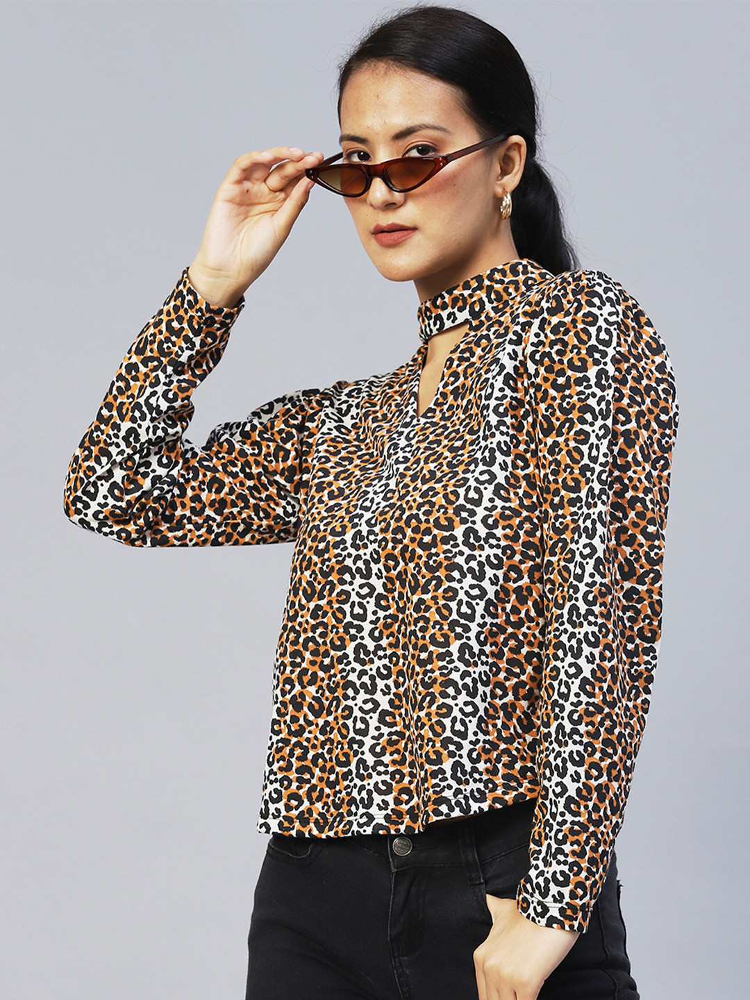 Rigo Choker Neck Animal Print Cotton Top