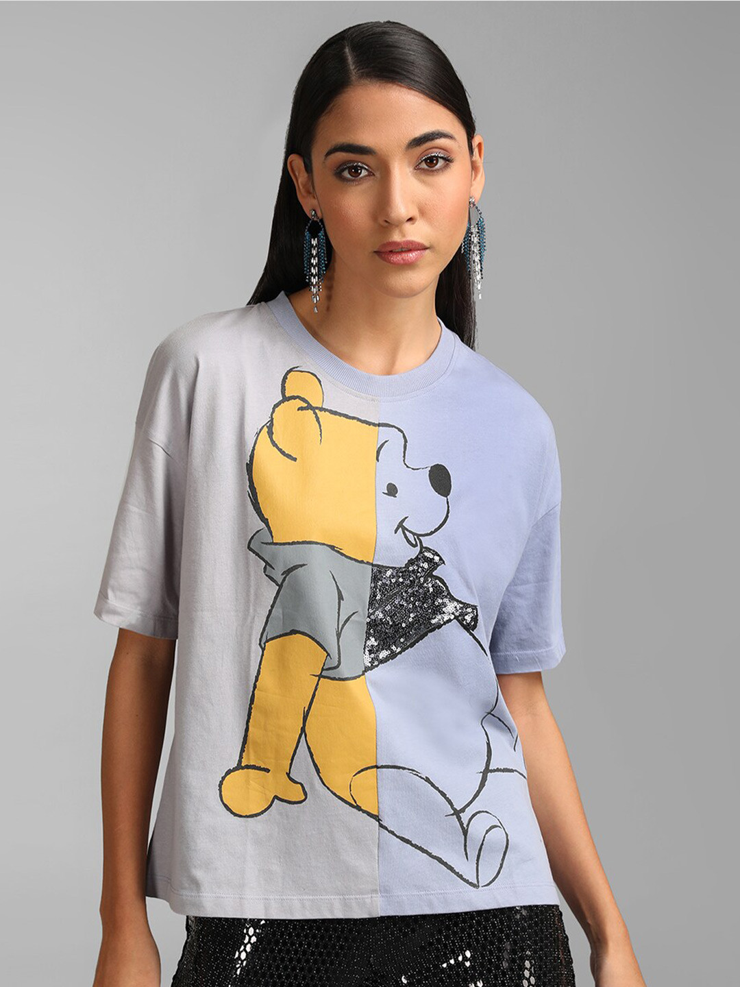 Kazo Women Winnie The Pooh Printed Drop-Shoulder Sleeves Disney T-shirt