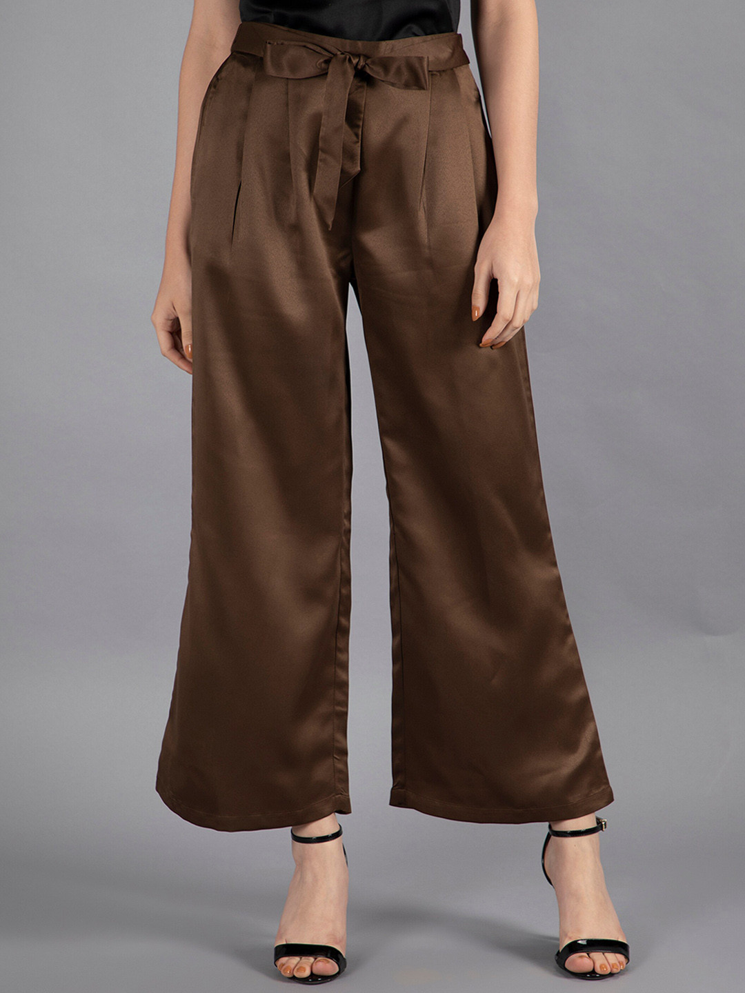 NEUDIS Women Brown Relaxed Straight Leg Straight Fit Pleated Trousers