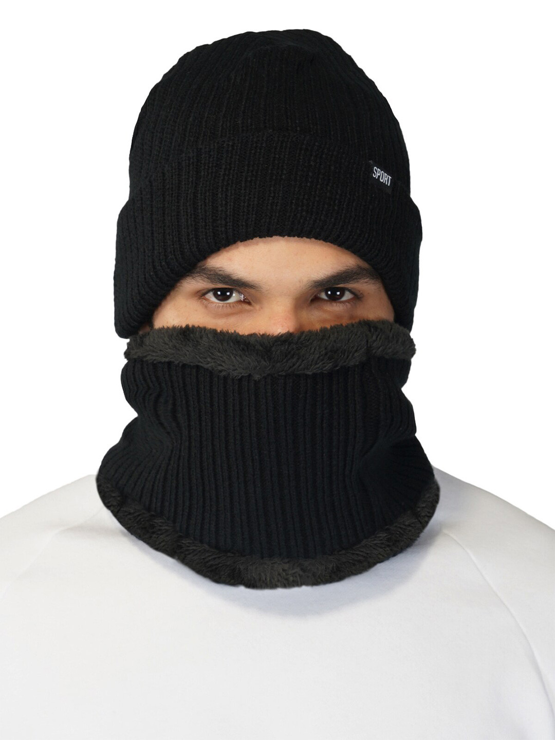 iSWEVEN Black Caps with Neck Warmer 2 In1 Beanie