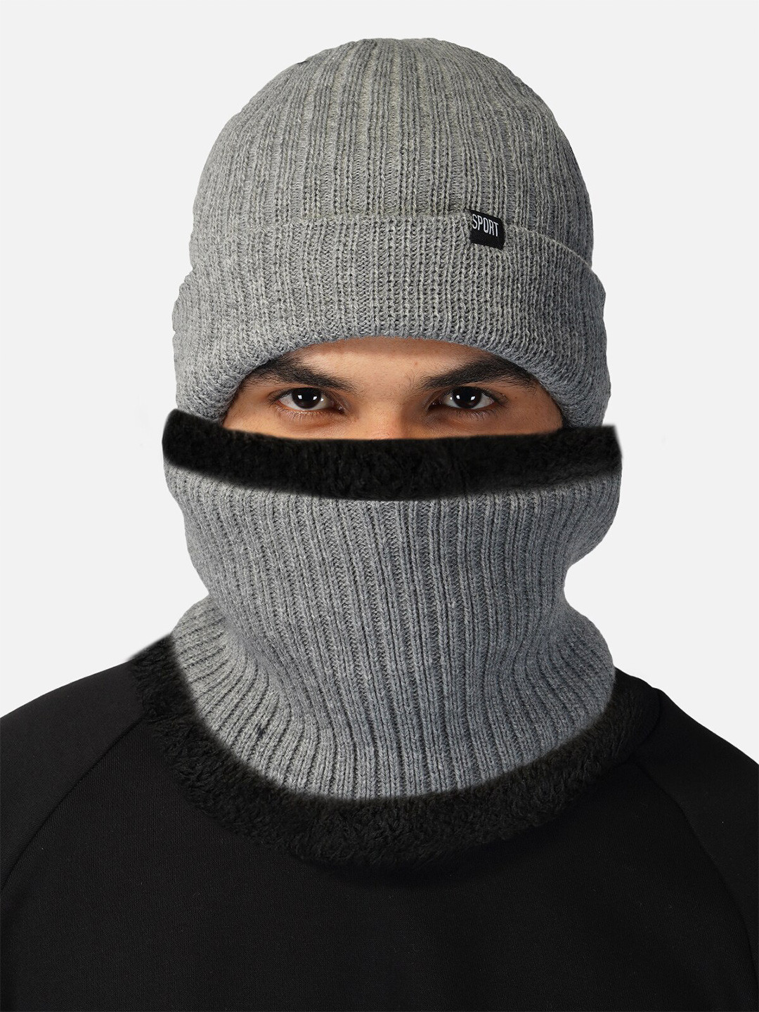 iSWEVEN Grey & Black Caps with Neck Warmer 2 In1 Beanie
