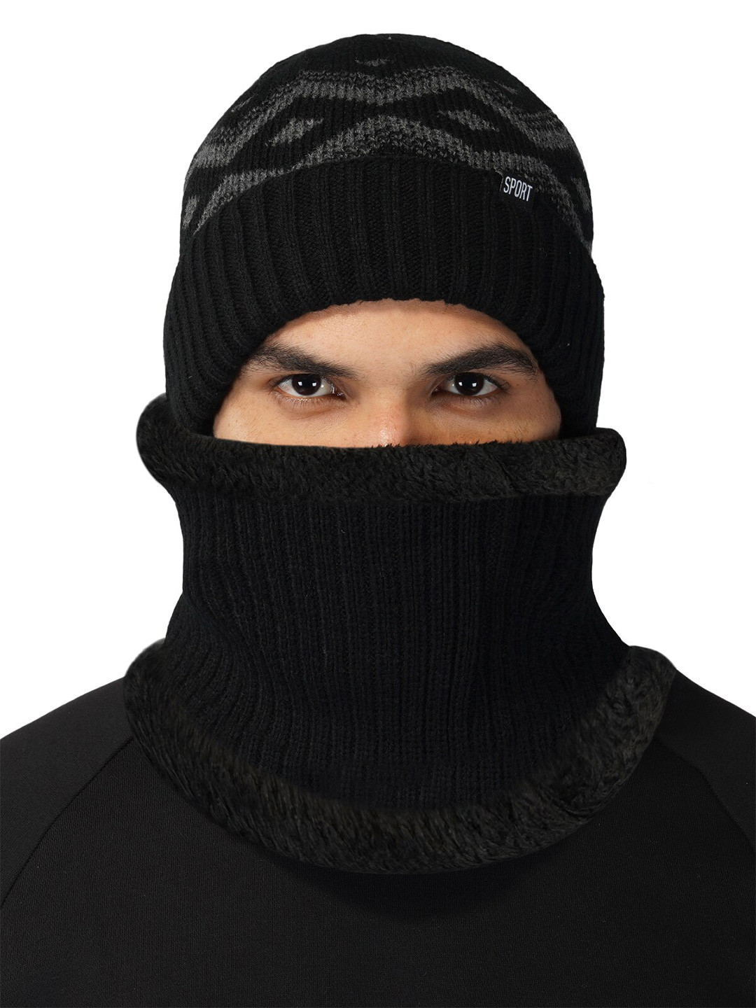 iSWEVEN Black & Grey Caps with Neck Warmer 2 In1 Beanie