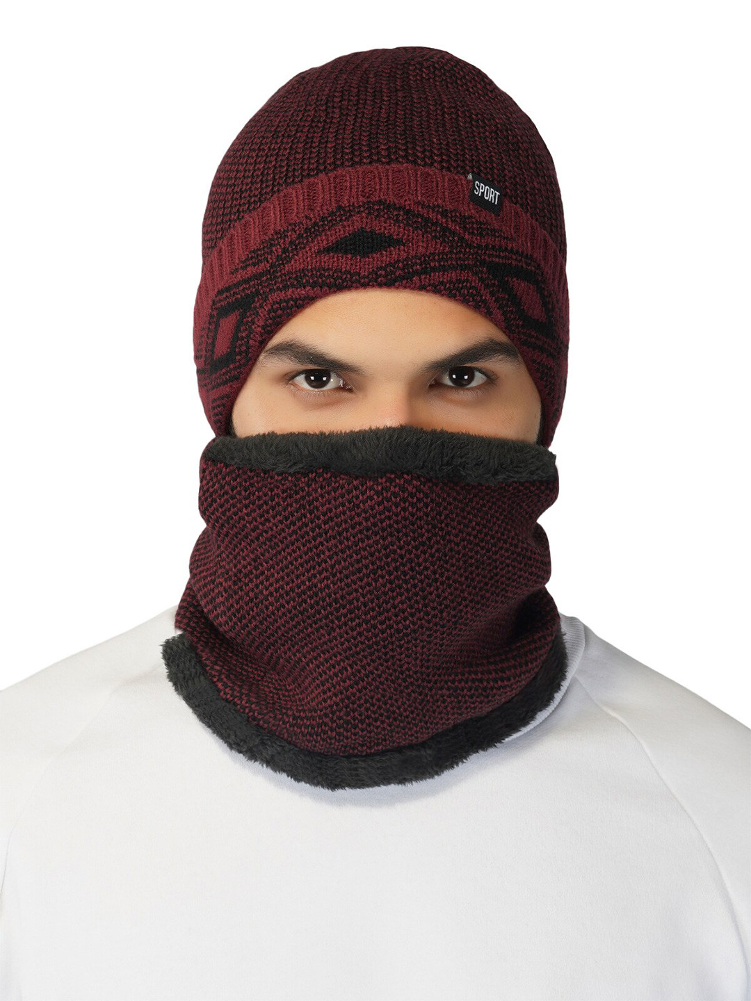 iSWEVEN Red & Black Caps with Neck Warmer 2 In1 Beanie