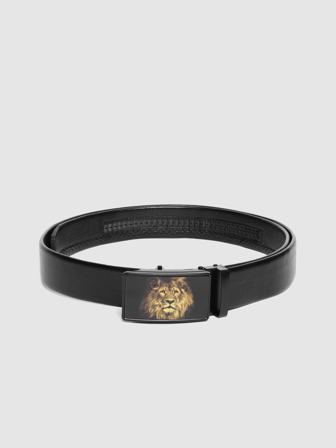 HIGHLANDER Men Black Textured Belt with Tiger Print Buckle
