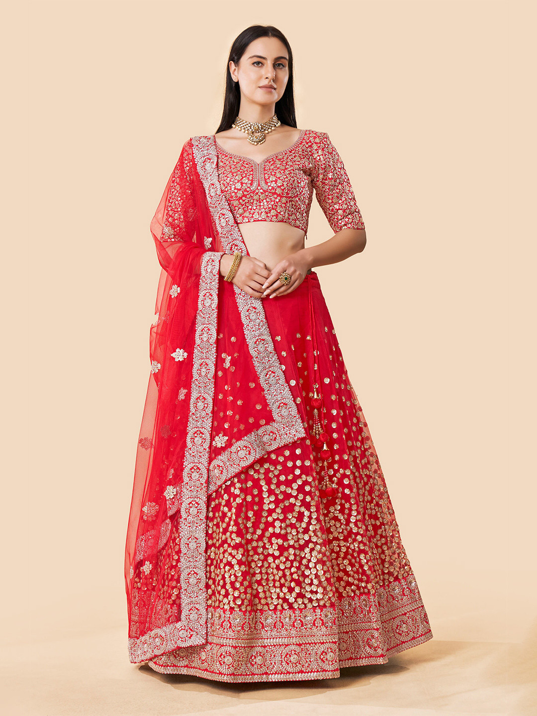 Fusionic Red Embellished Sequinned Semi-Stitched Lehenga & Unstitched Blouse With Dupatta