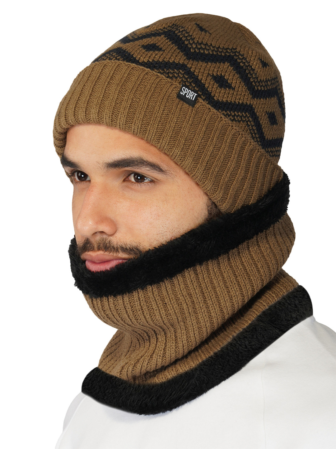 iSWEVEN Brown & Black Caps with Neck Warmer 2 In1 Beanie