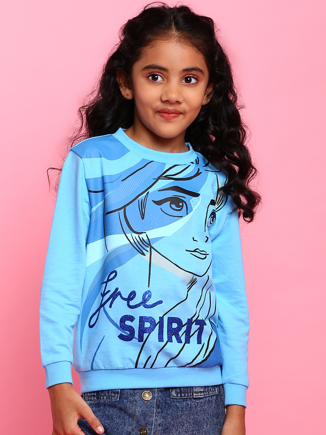 BONKIDS Girls Blue Printed Elsa Cotton Sweatshirt