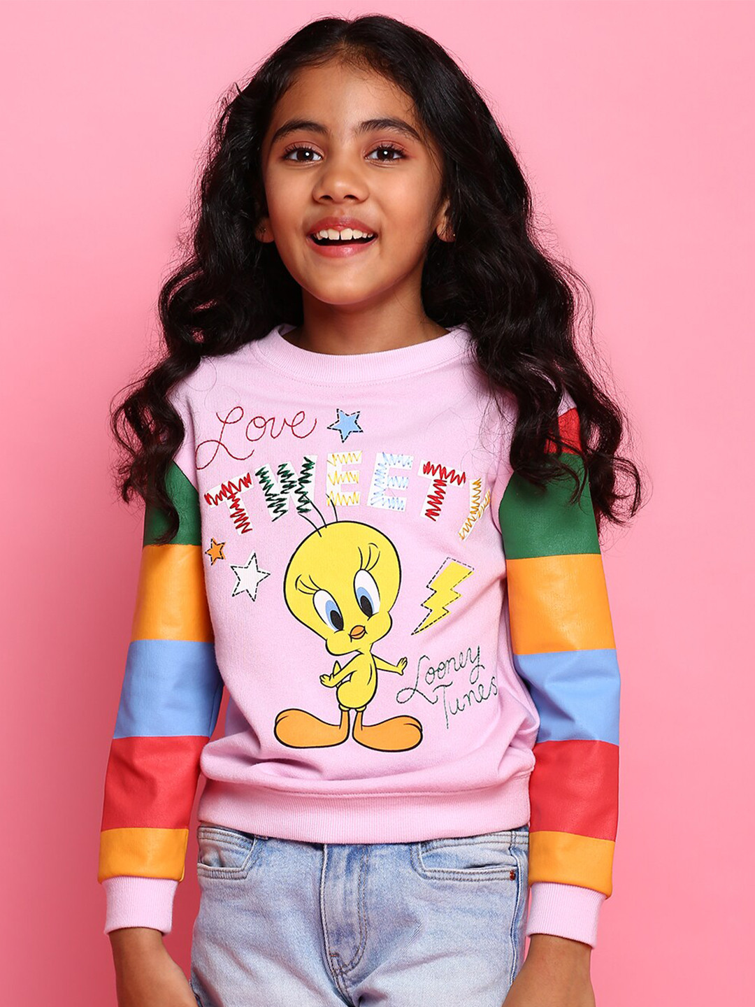 BONKIDS Girls Pink Tweety Printed Cotton Sweatshirt