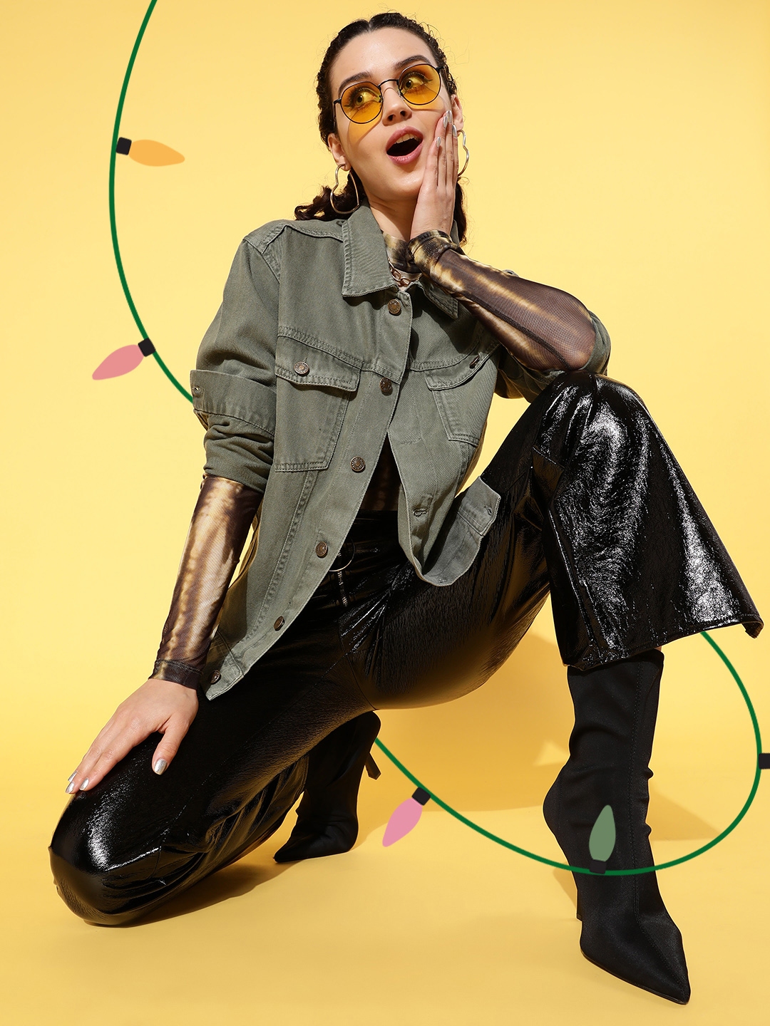 Olive green denim jacket womens india discount
