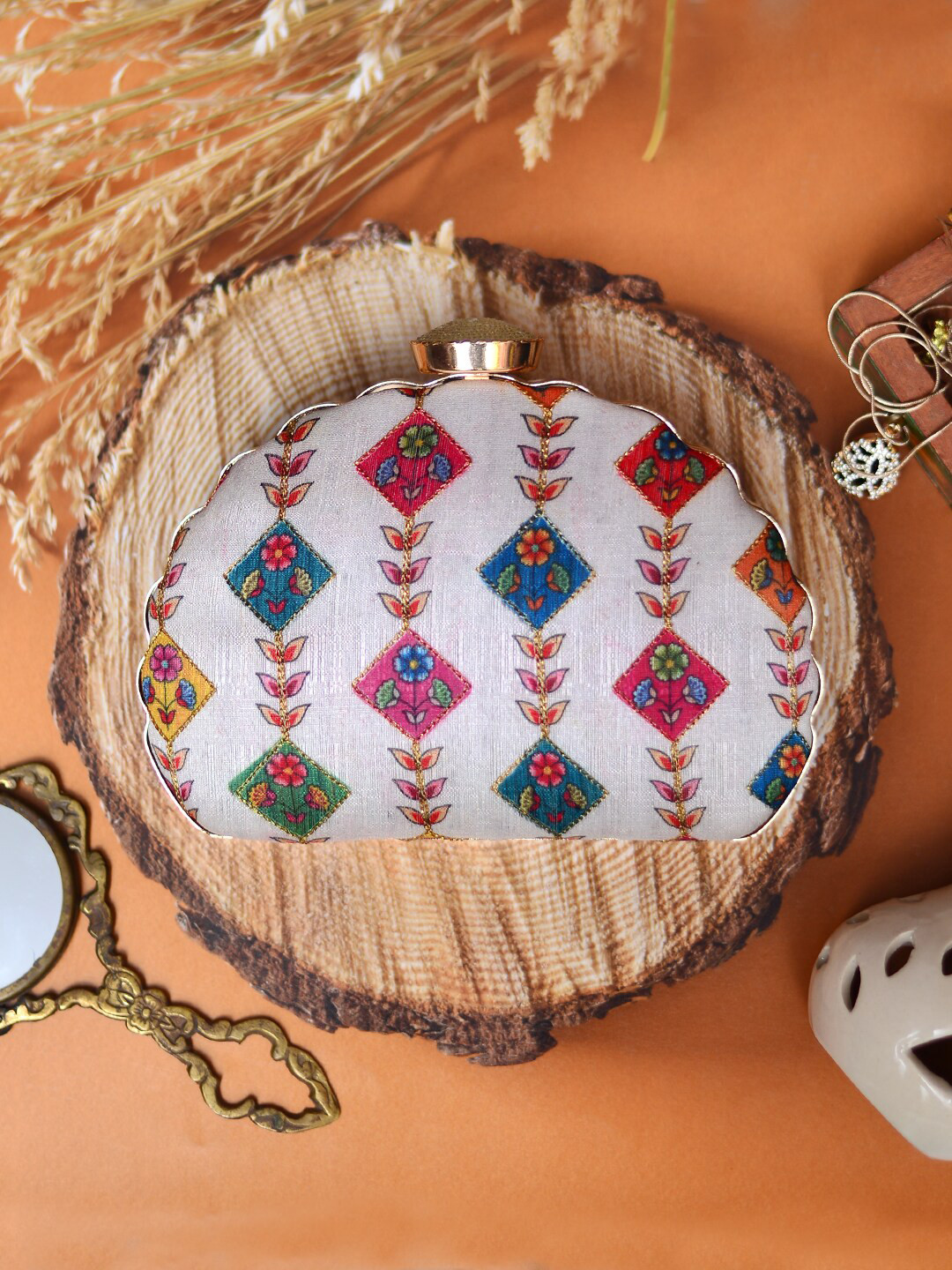 ARTKLIM Off White & Red Printed Embroidered Half Moon Clutch