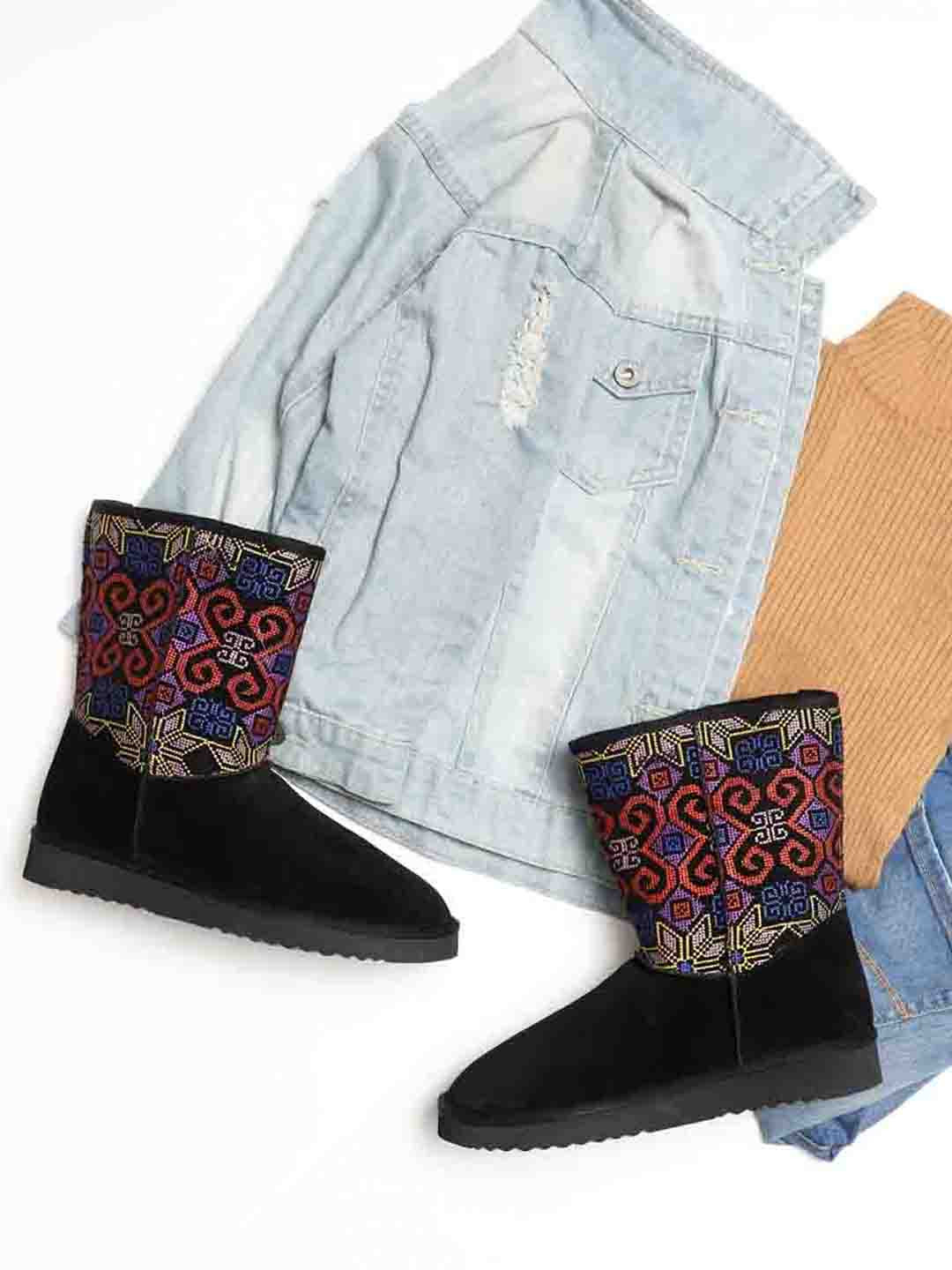 Saint G Womens Multi Embroidered Black Suede Snug Boots