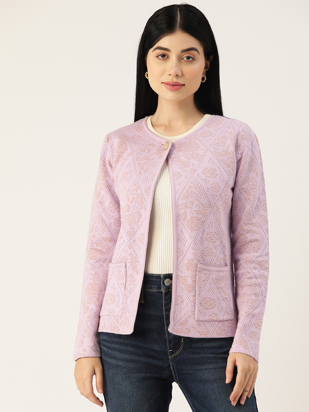 Madame Women Mauve Self Design Cardigan