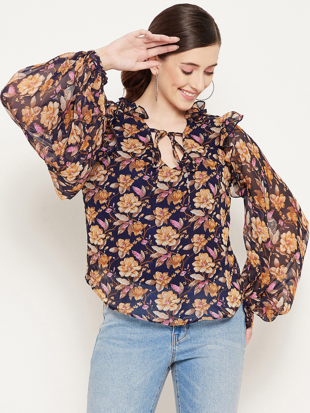 Bitterlime Navy Blue & Brown Floral Print Tie-Up Neck Ruffles Georgette Top