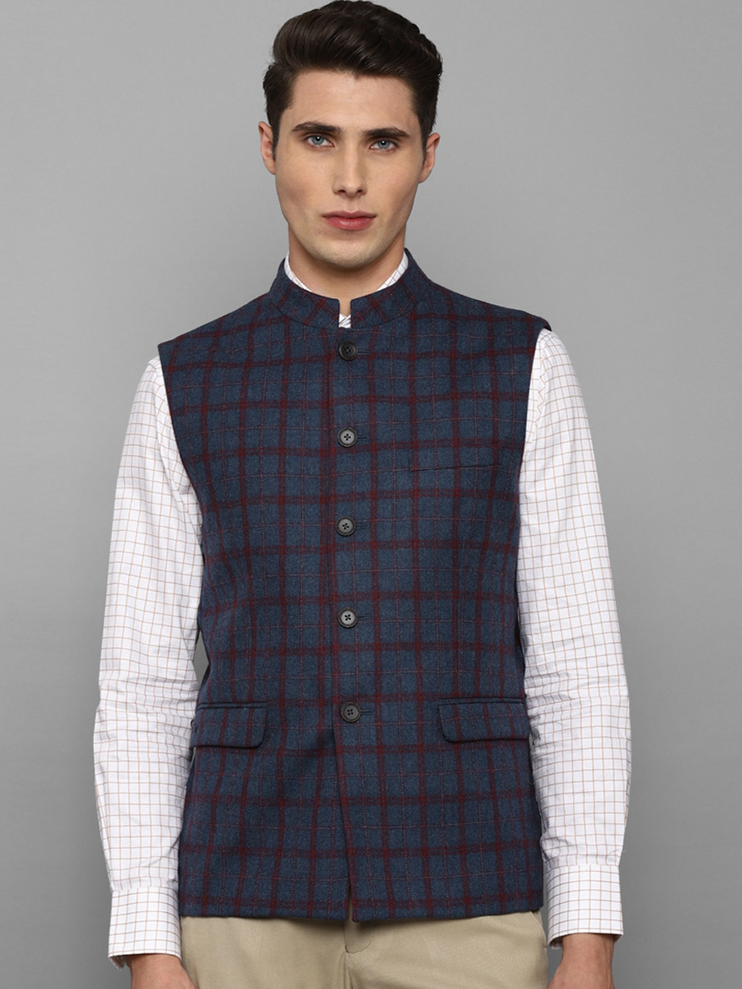 Louis Philippe Men Navy Blue & Maroon Checked Woven Pure Wool Nehru Jackets