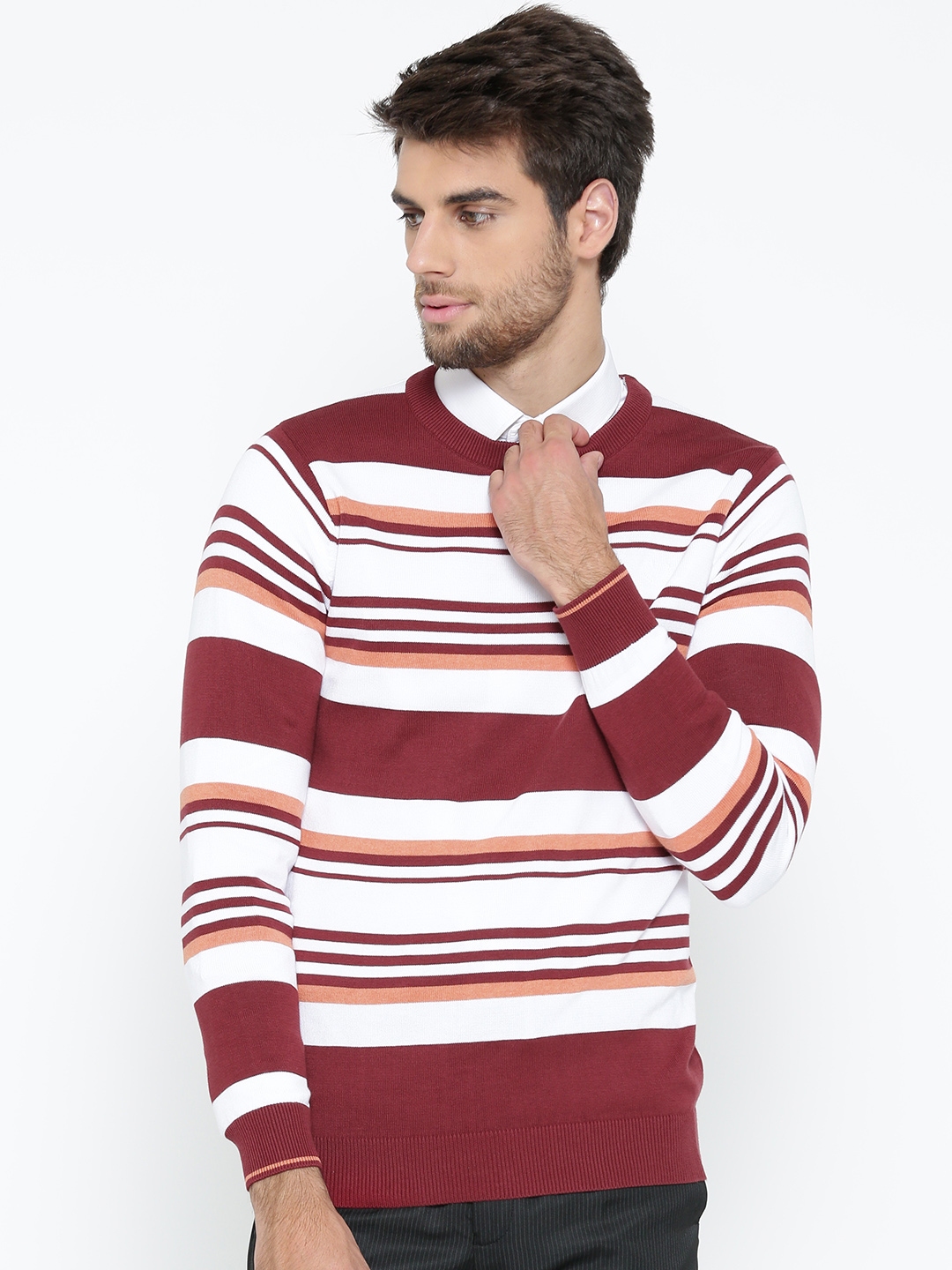 Maroon and shop white sweater