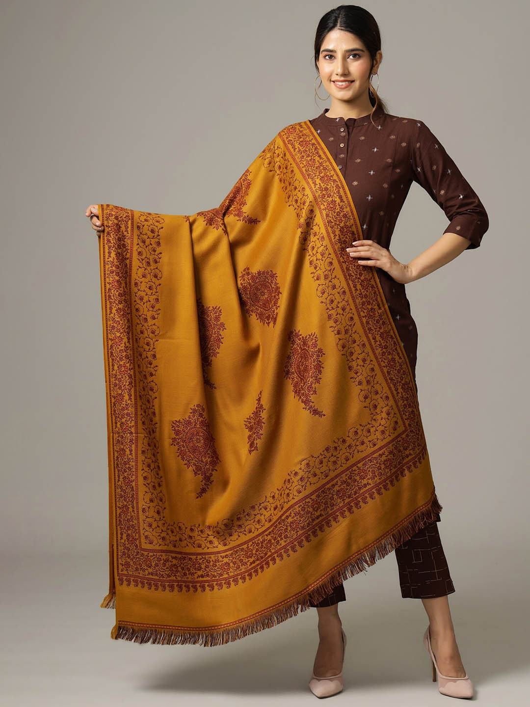 HANDICRAFT PALACE Women Mustard Yellow & Brown Woven Design Shawl