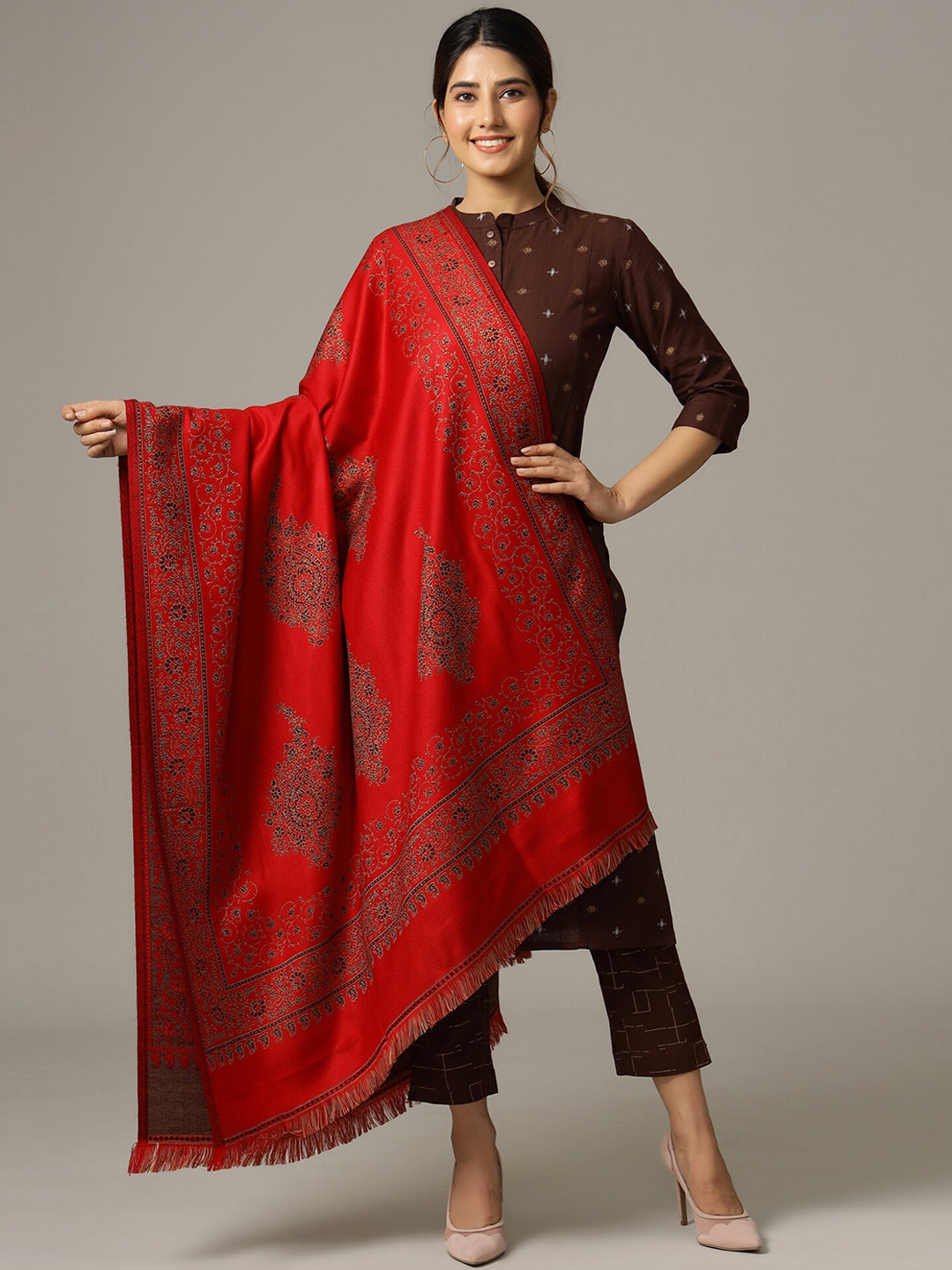 HANDICRAFT PALACE Women Red & Beige Woven Design Shawl