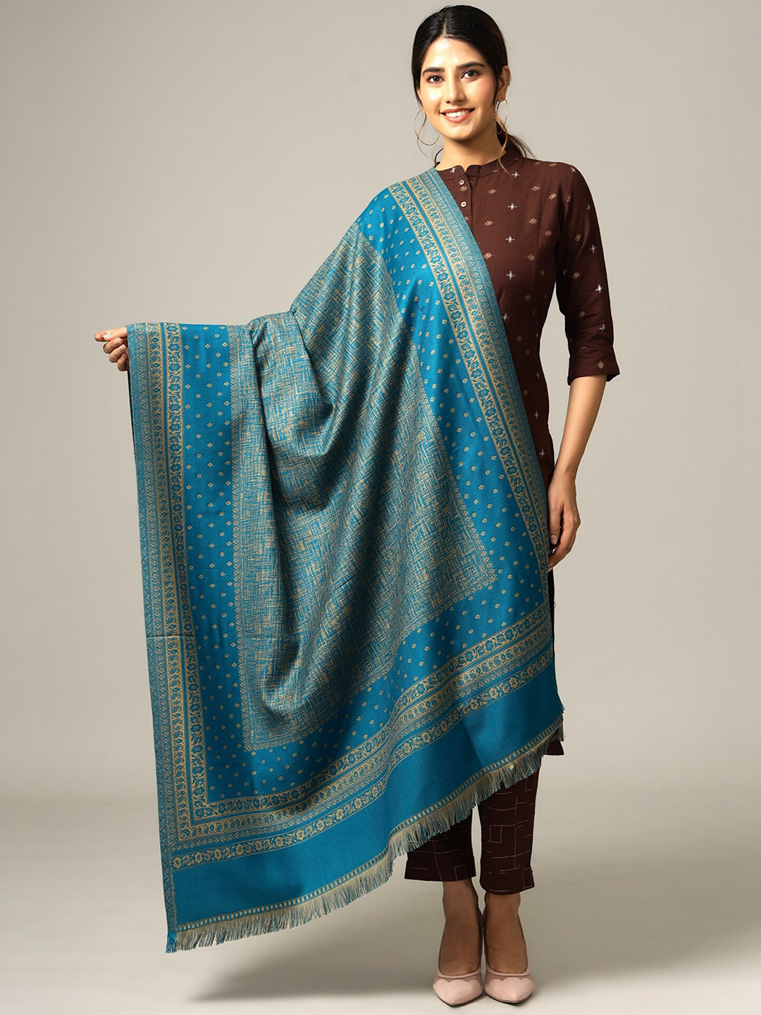 HANDICRAFT PALACE Women Turquoise Blue & Beige Woven Design Designer Shawl