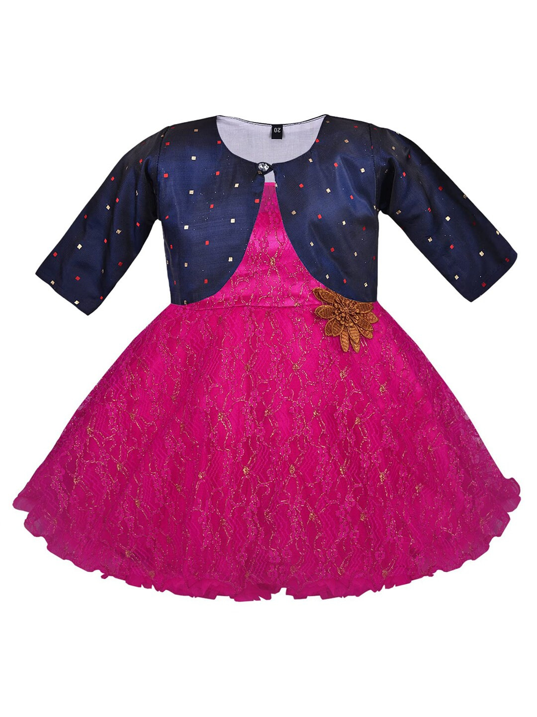 Wish Karo Girls Pink & Blue Self Design Applique Net Dress With Jacket