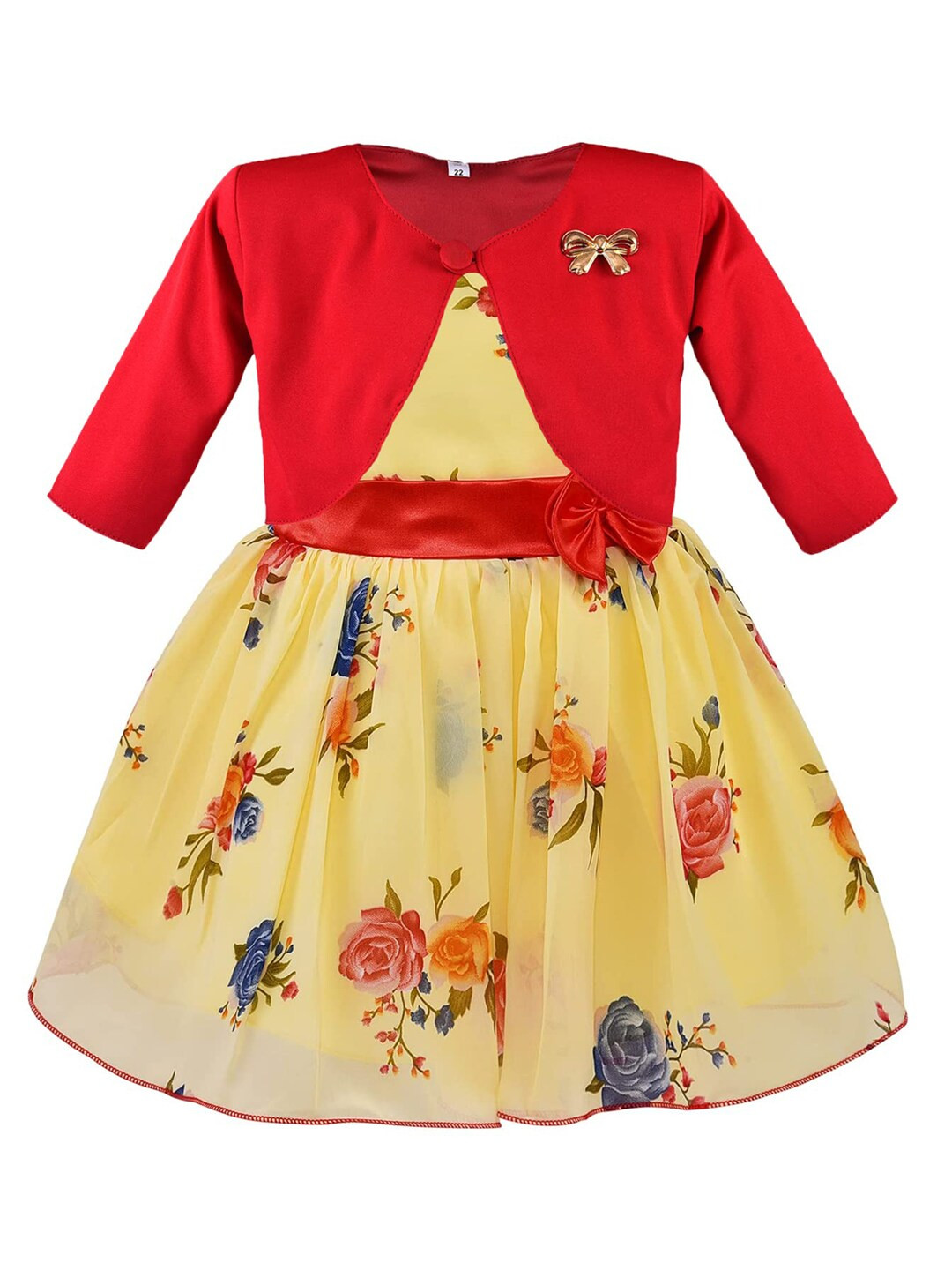 Wish Karo Girls Yellow & Red Floral Printed Fit & Flare Georgette Dress With Jacket