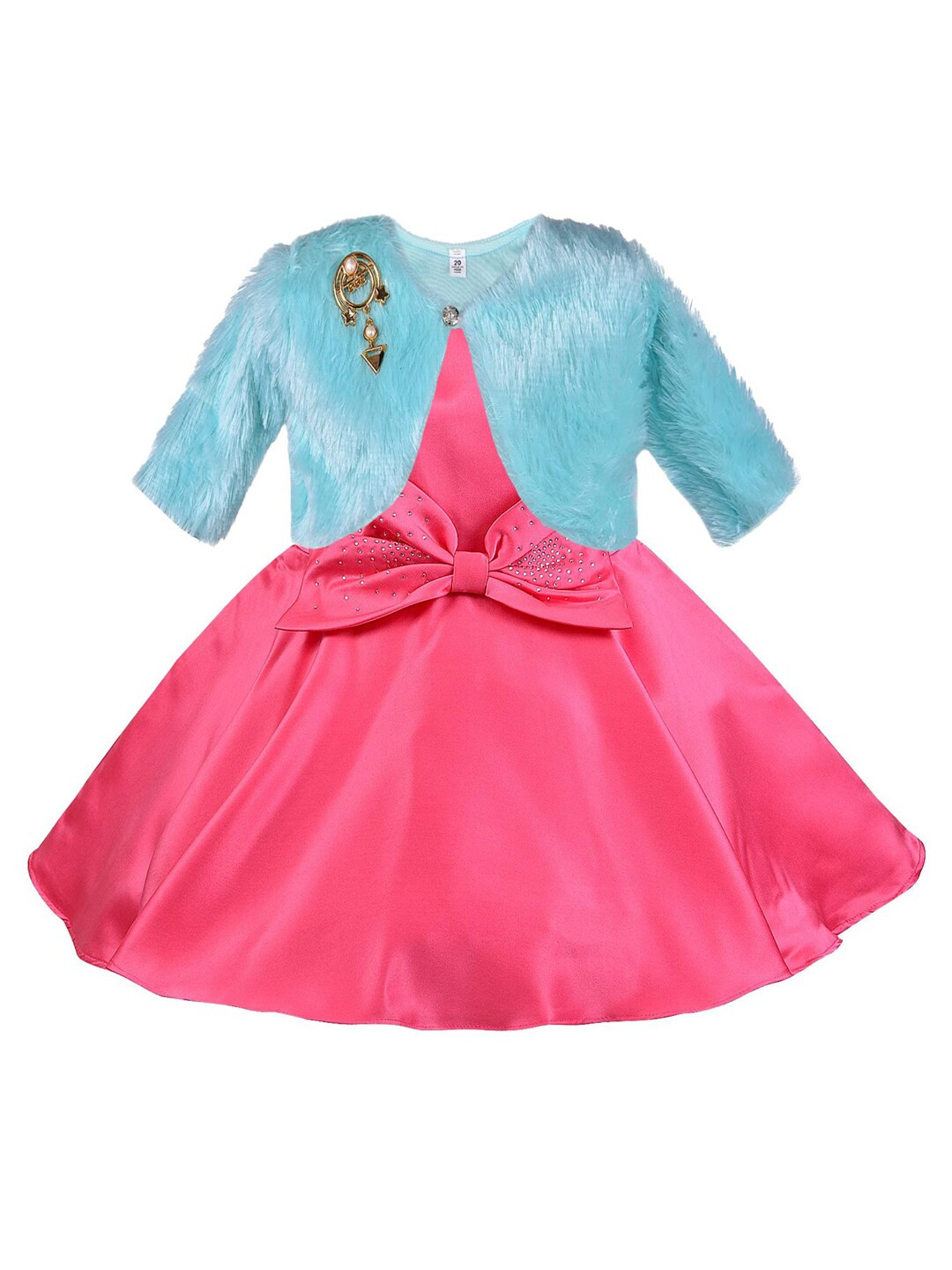 Wish Karo Girls Pink & Blue Bow Detail Silk Fit & Flare Dress With Jacket