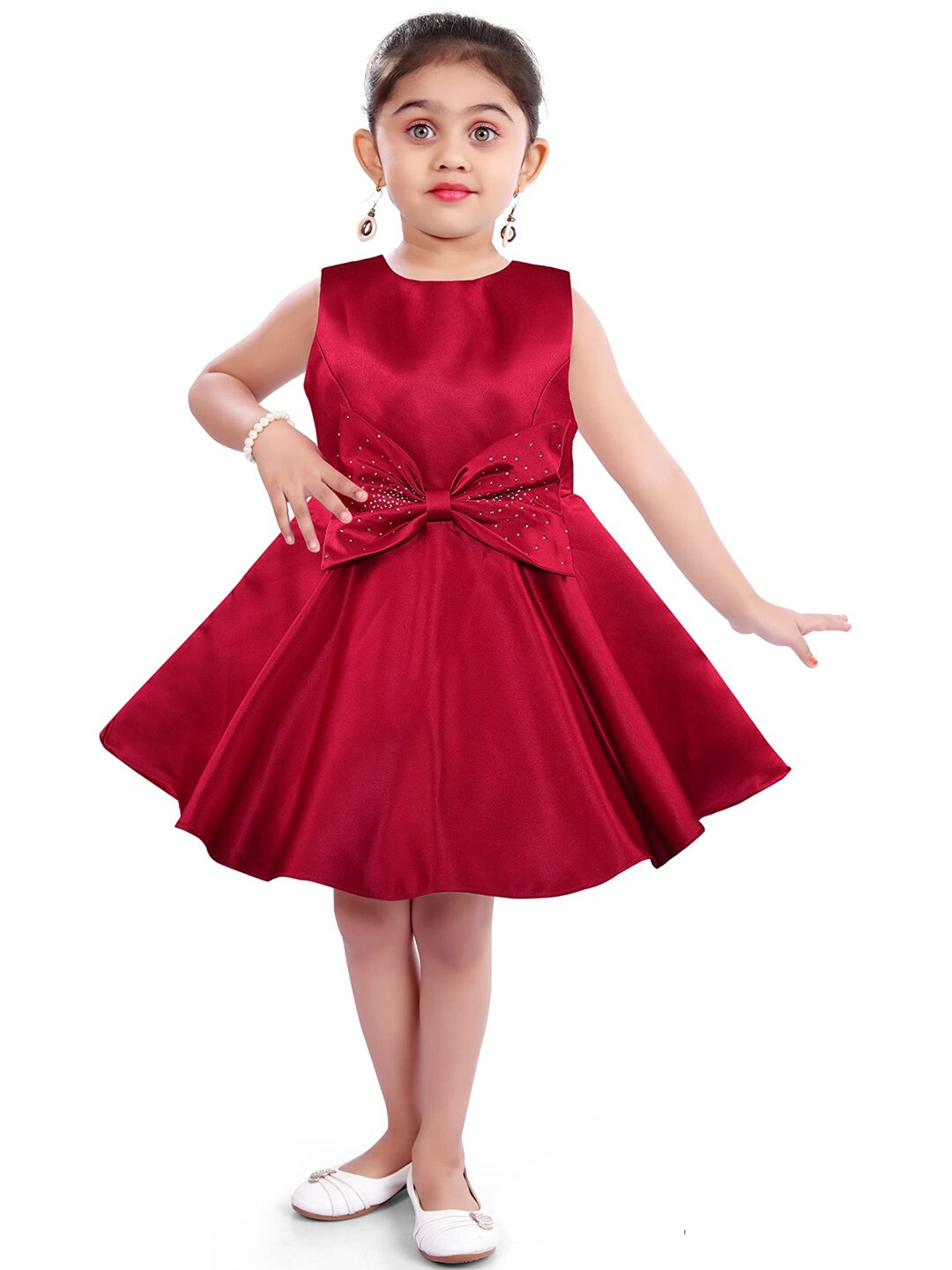 Wish Karo Girls Red & Cream-Coloured Bow Detail Fit & Flare Silk Dress With Jacket
