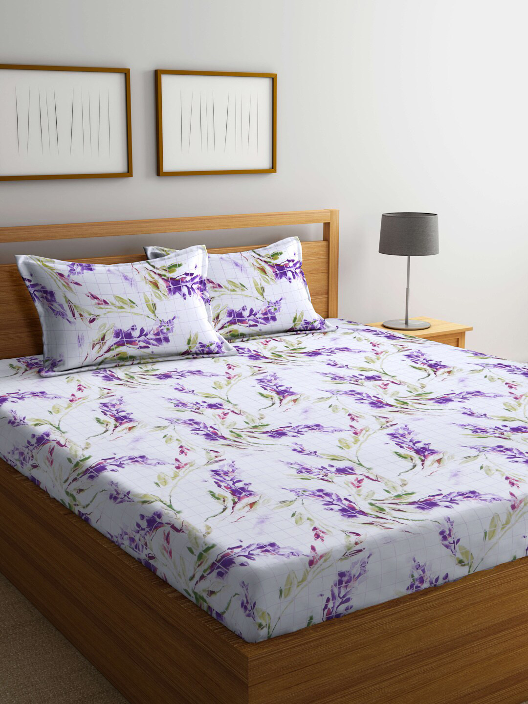 BOMBAY DYEING Purple & White Floral Cotton 144 TC Queen Bedsheet with 2 Pillow Covers