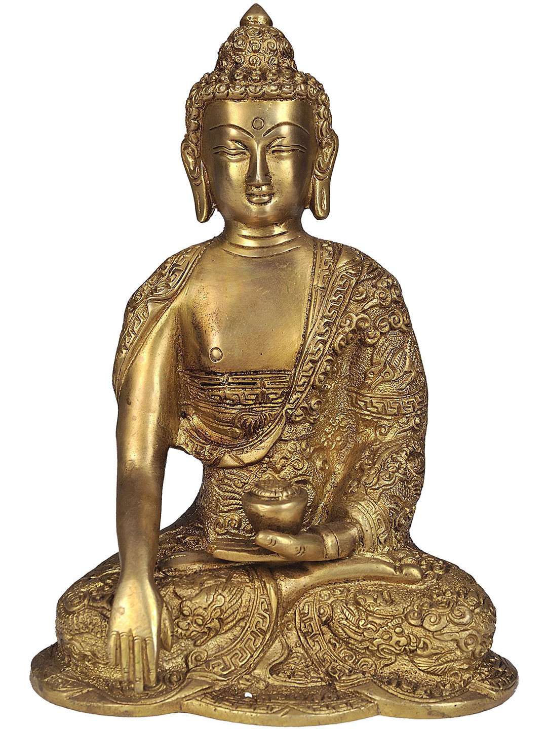 Exotic India Gold Toned Lord Buddha in Bhumisparsha Mudra with Pindapatra Brass Showpiece