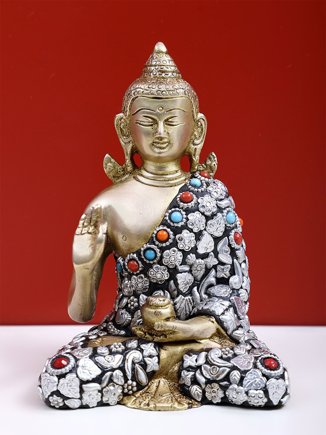 Exotic India Gold Toned Small Blessing Buddha With Inlay Work Showpiece