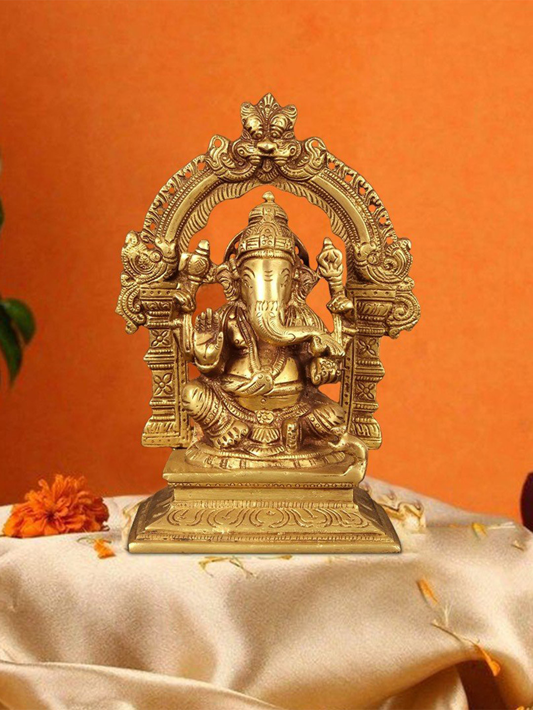 Exotic India Gold Toned Seated Bhagawan Ganesha Religious Idol Showpiece