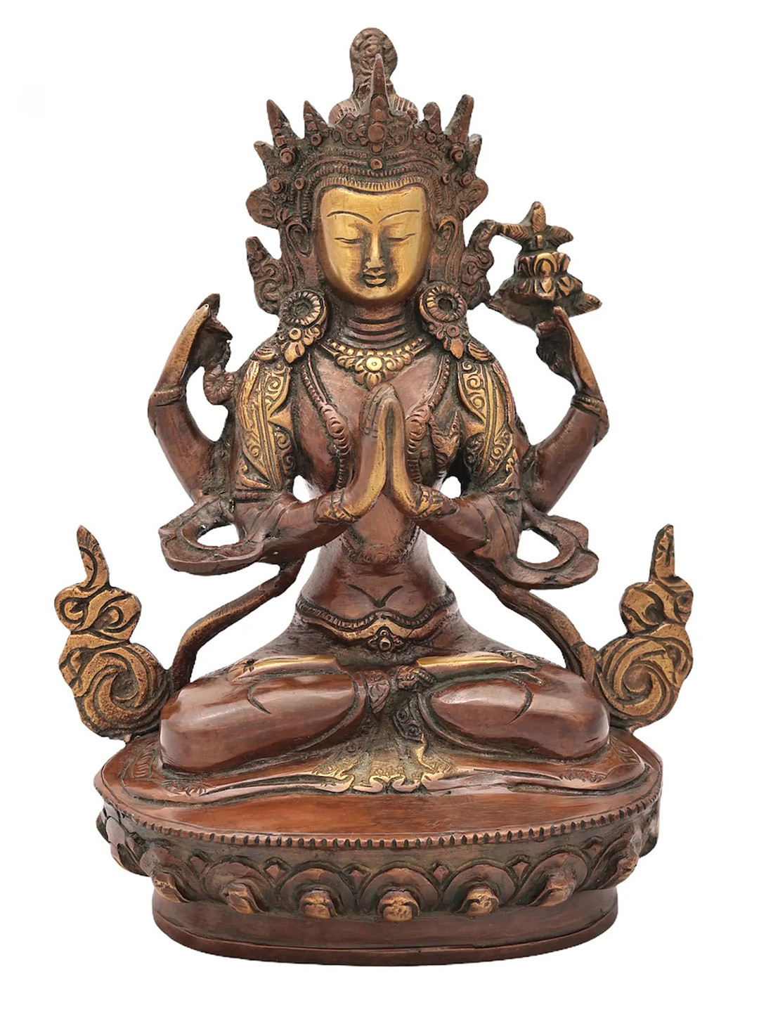 Exotic India Gold Toned Brass Tibetan Buddhist Deity Chenrezig Showpiece