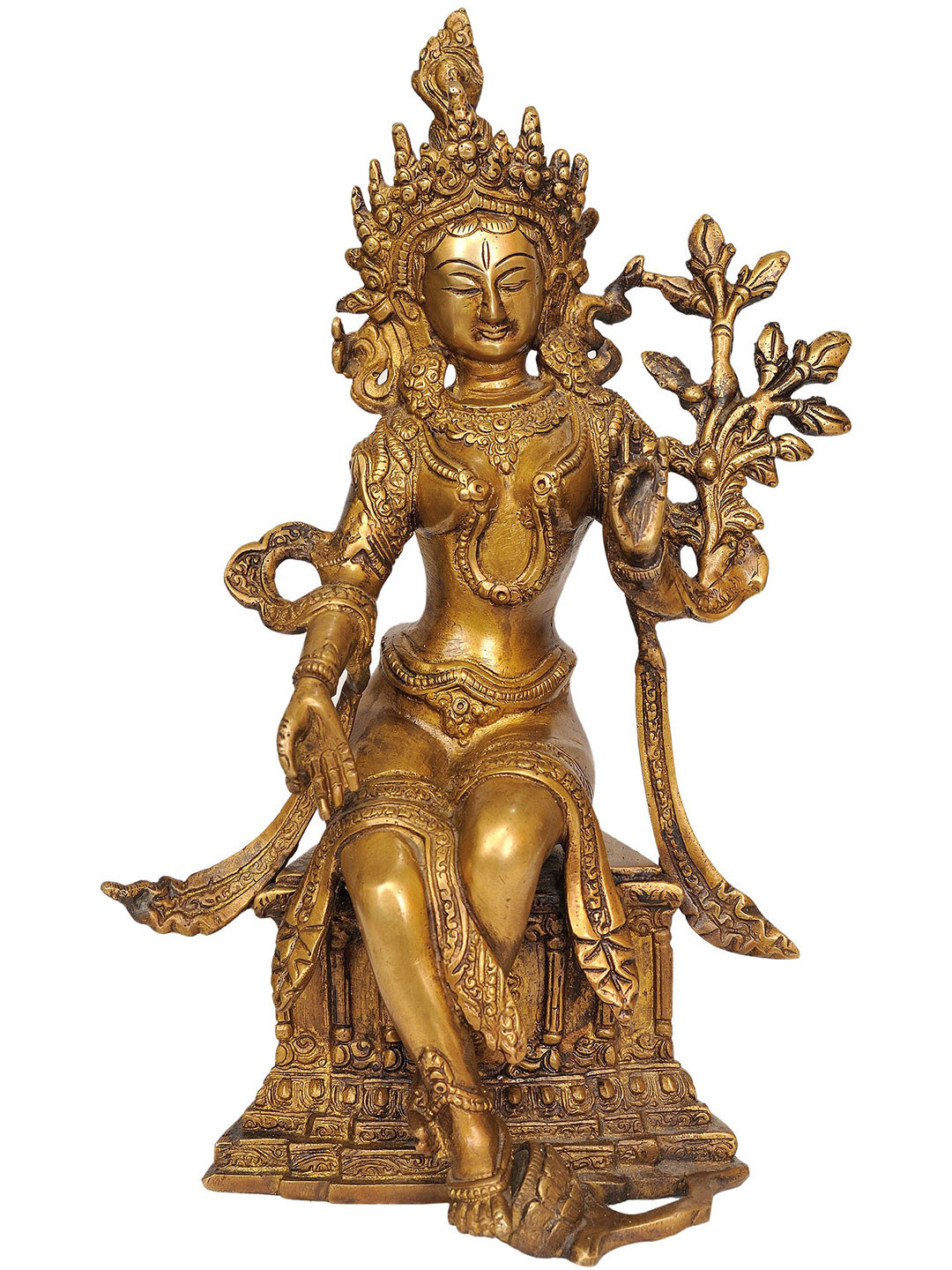 Exotic India Gold Toned Tibetan Buddhist Deity Seated Tara In Brass Showpiece