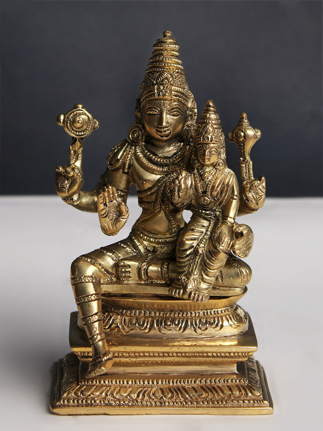 Exotic India Gold Toned Small Lord Vishnu With Goddess Lakshmi Religious Idol Showpiece