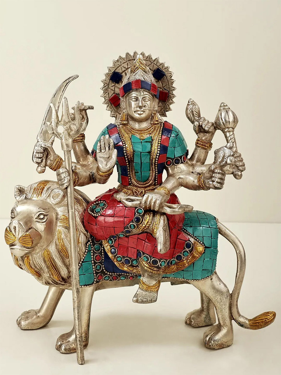 Exotic India Gold Toned & Green Mother Goddess Durga Religious Idol Showpiece