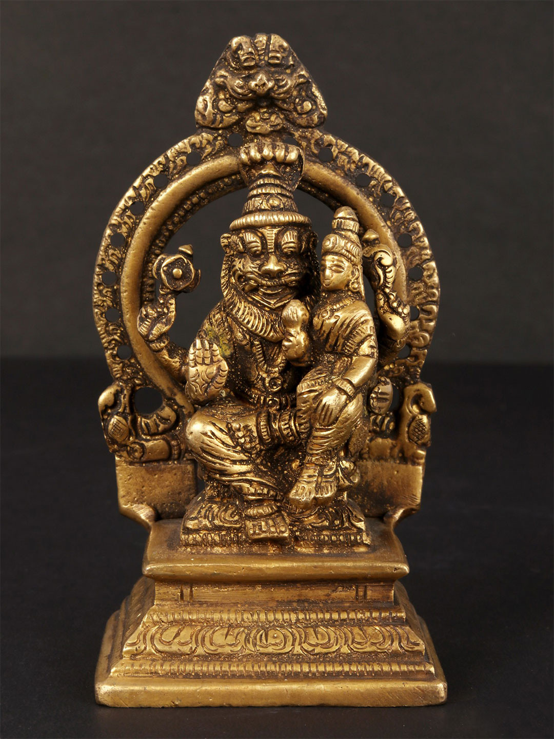 Exotic India Gold Toned Religious Lord Narasimha with Goddess Lakshmi Idol Showpiece