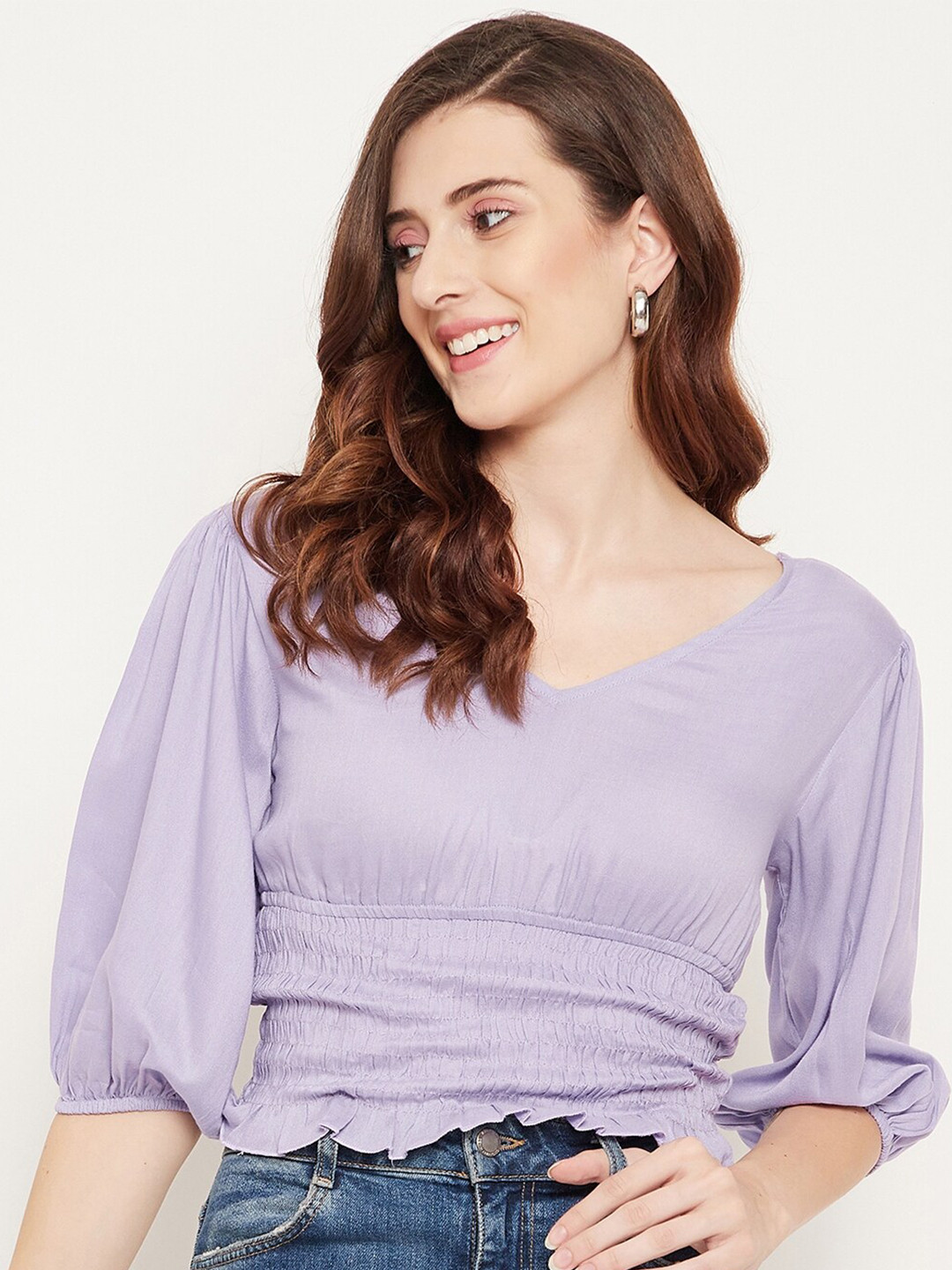 Bitterlime Women Lavender Smocked Cinched Waist Smocking Crop Top