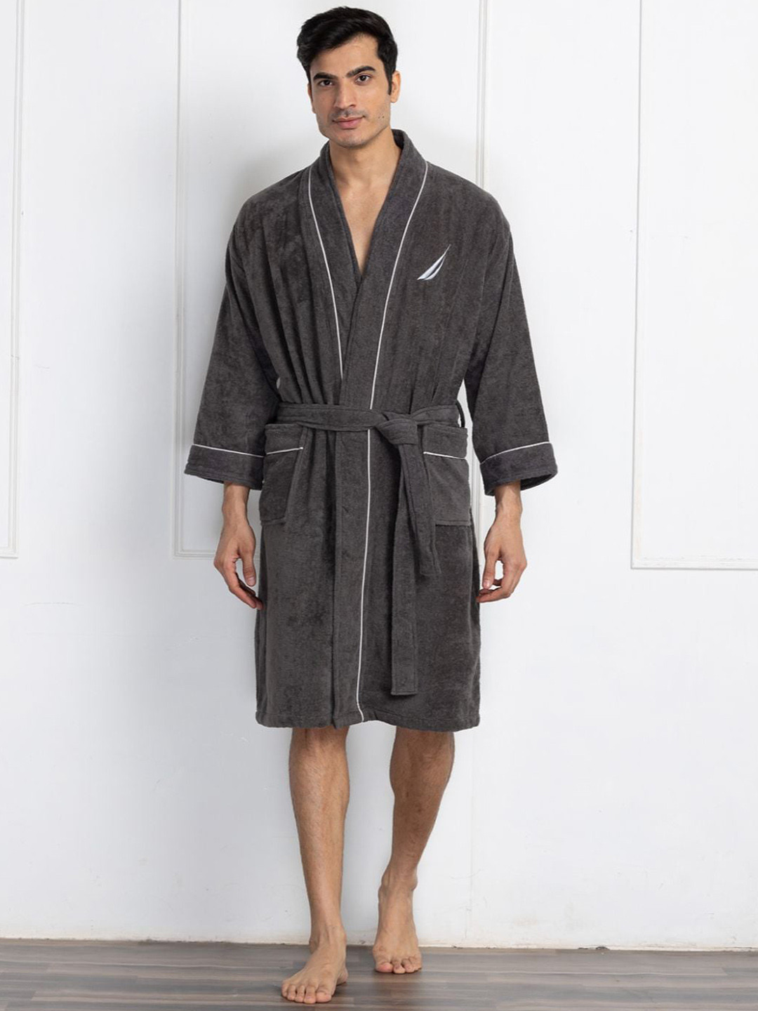 Nautica Grey & Coral Pack Of 2 Solid Pure Cotton Bath Robe With Belt