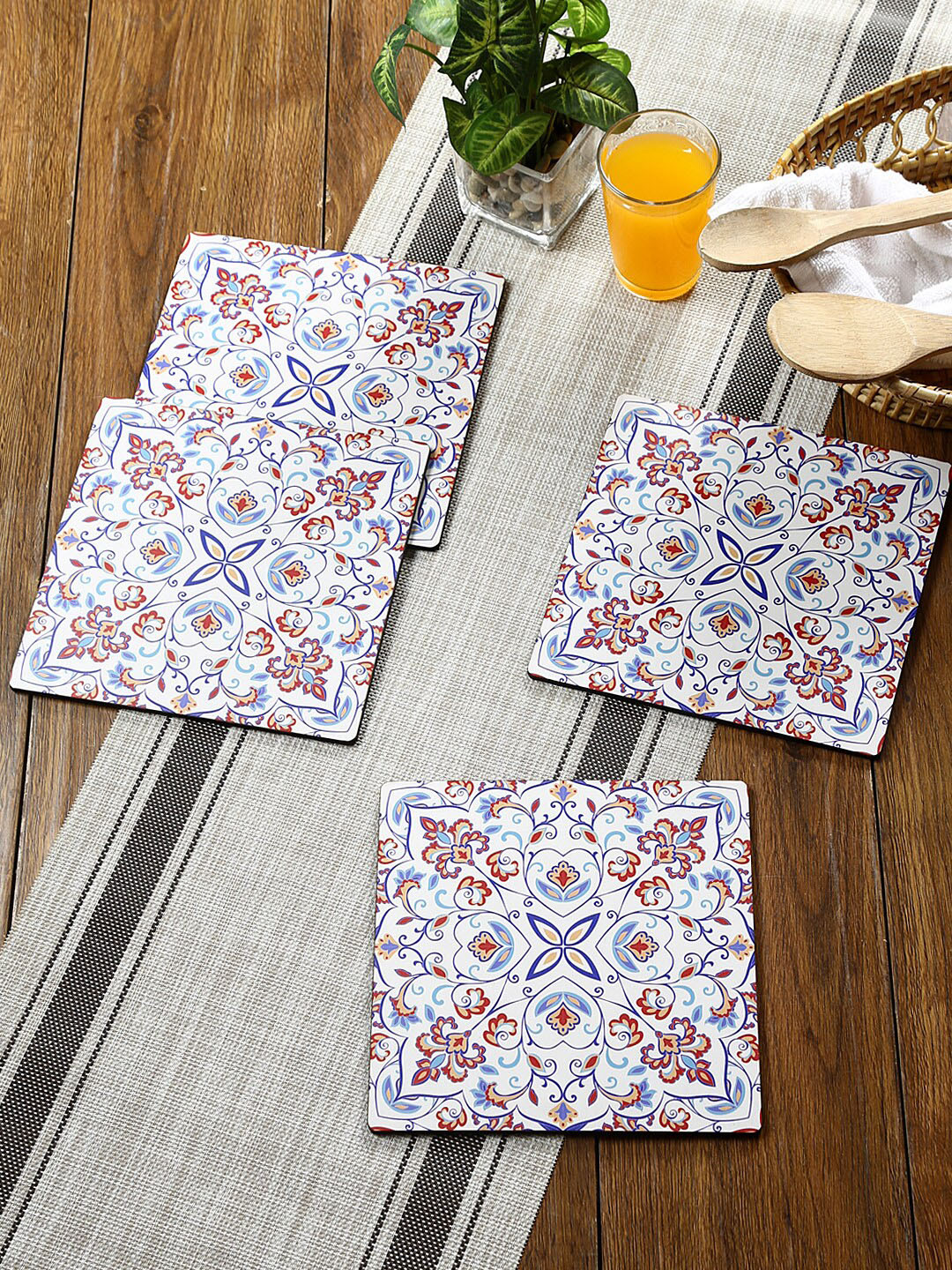 Reinvention Factory Set Of 4 White & Blue Turkish Mandala Printed Wooden Coasters