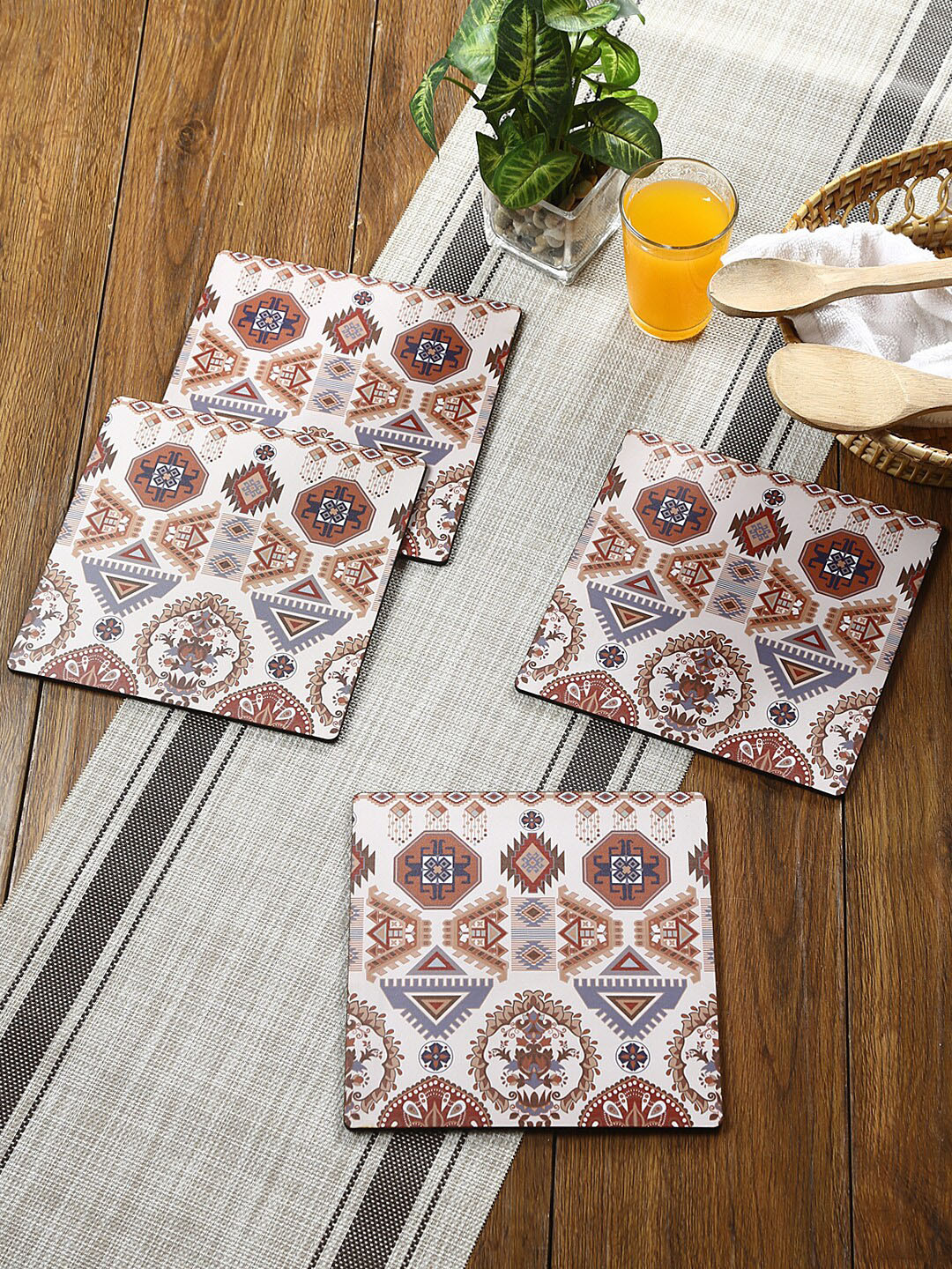 Reinvention Factory Set Of 4 White & Brown Folk Ornament Printed Wooden Coasters