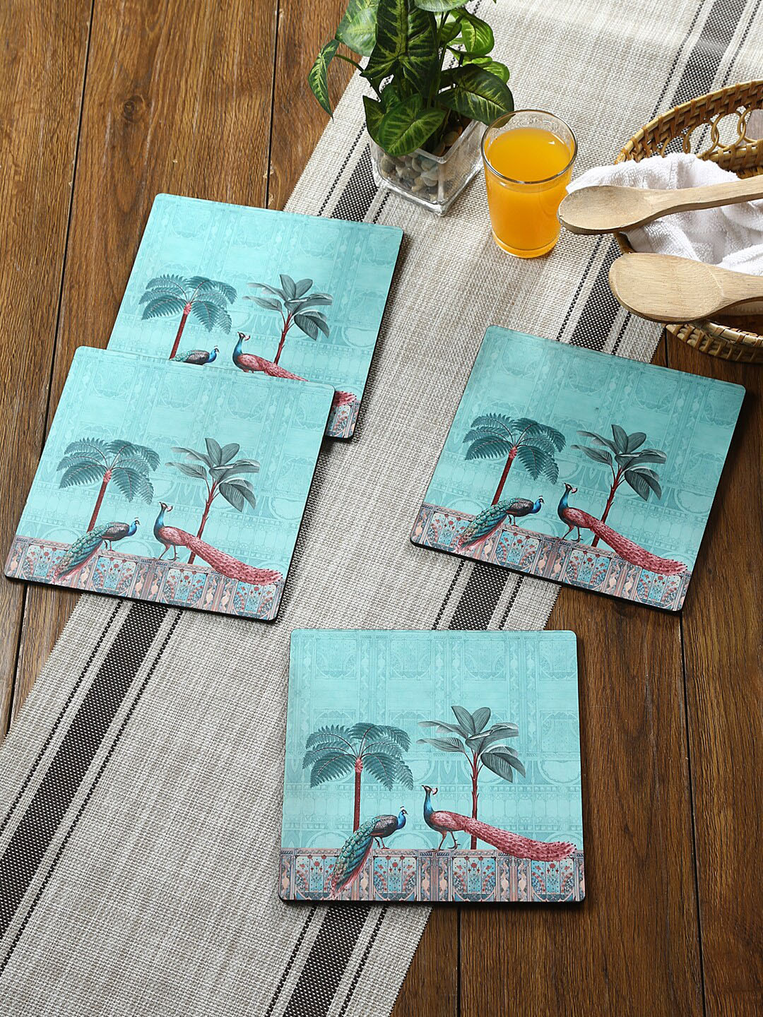 Reinvention Factory Set of 4 Turquoise Blue Printed Wooden Coasters