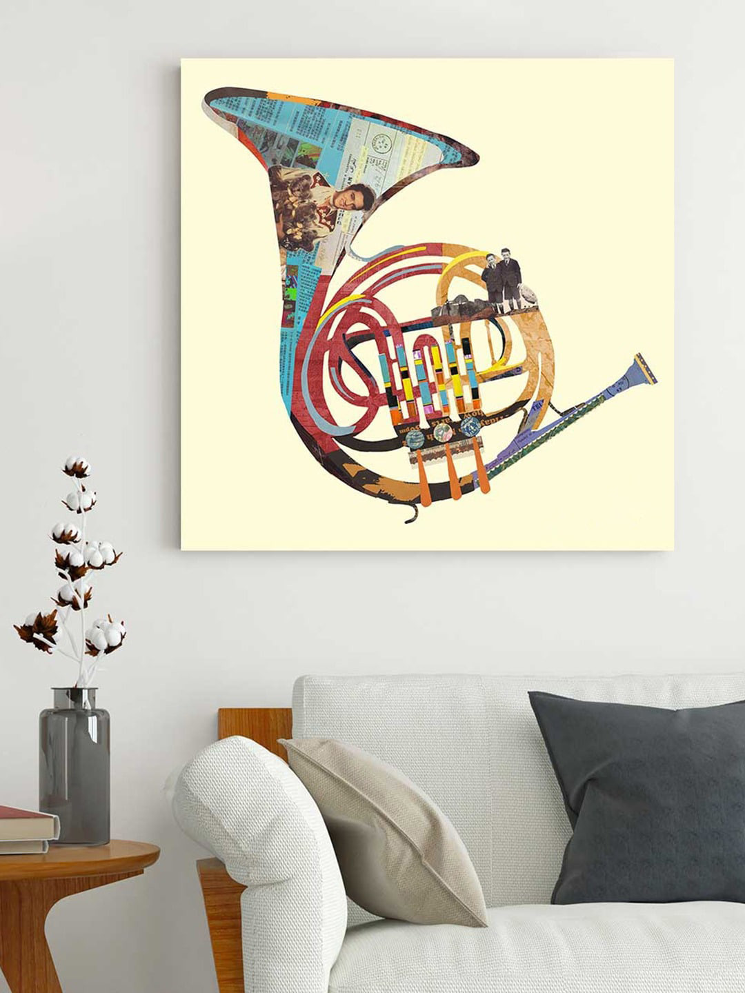 Art Street Cream & Blue French Horn Music Mellophone Three Dimensional Canvas Painting Wall Art